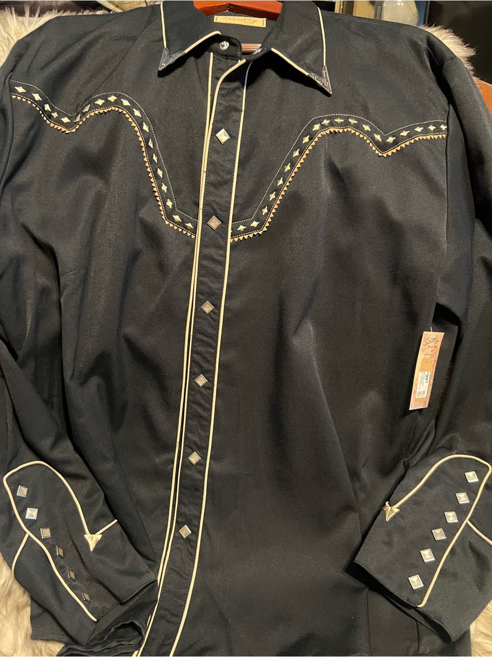 Scully Black NWT Western Shirt wCream Piping and Diamond PearlStud Accents Sz XL